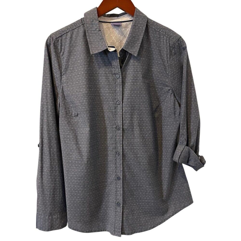 Laura Scott Womens Large Blue Long Sleeve Blouse Roll Tab Collar